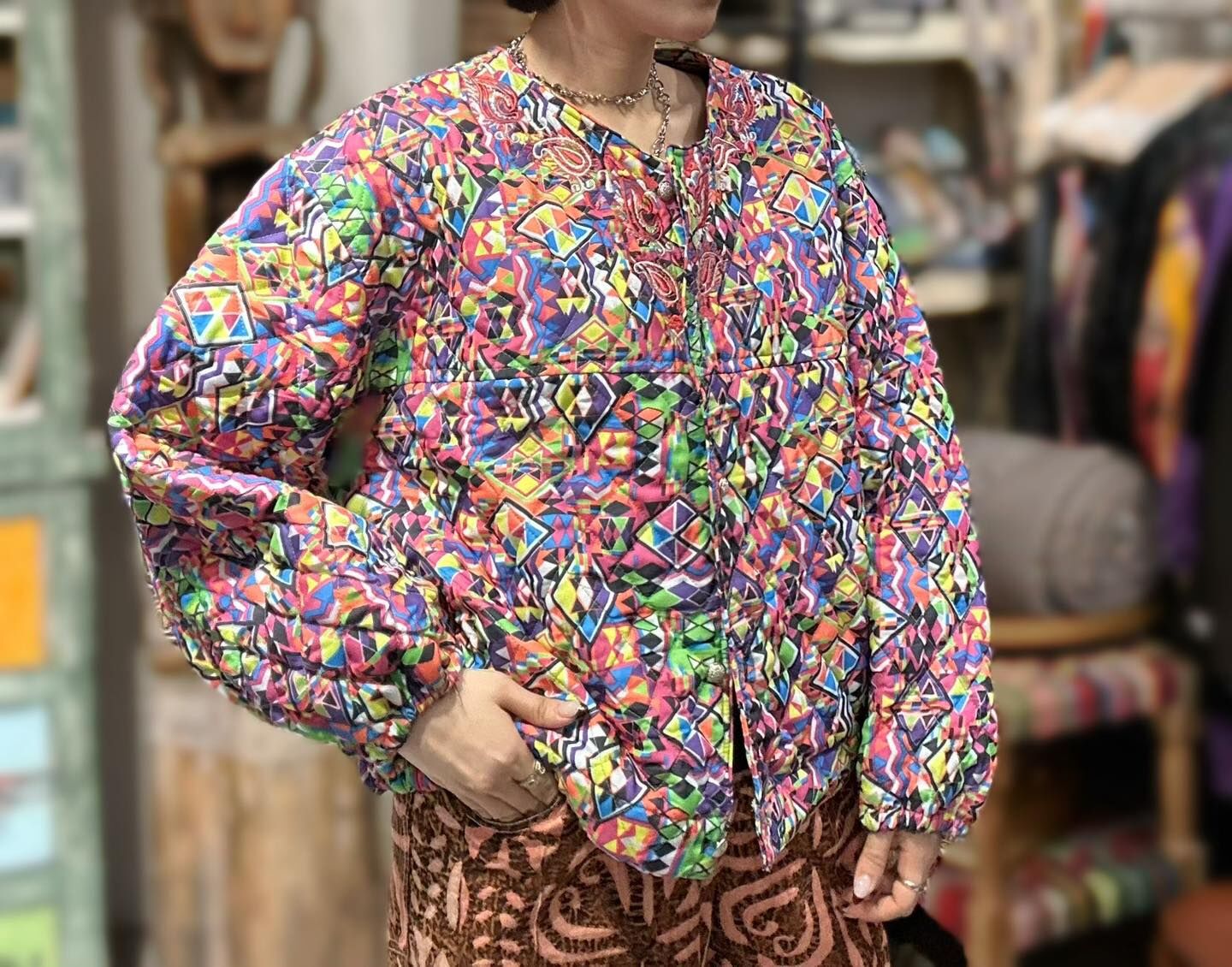 Macrame 低調懷舊花blockprint薄棉襖外套 - M3827Q