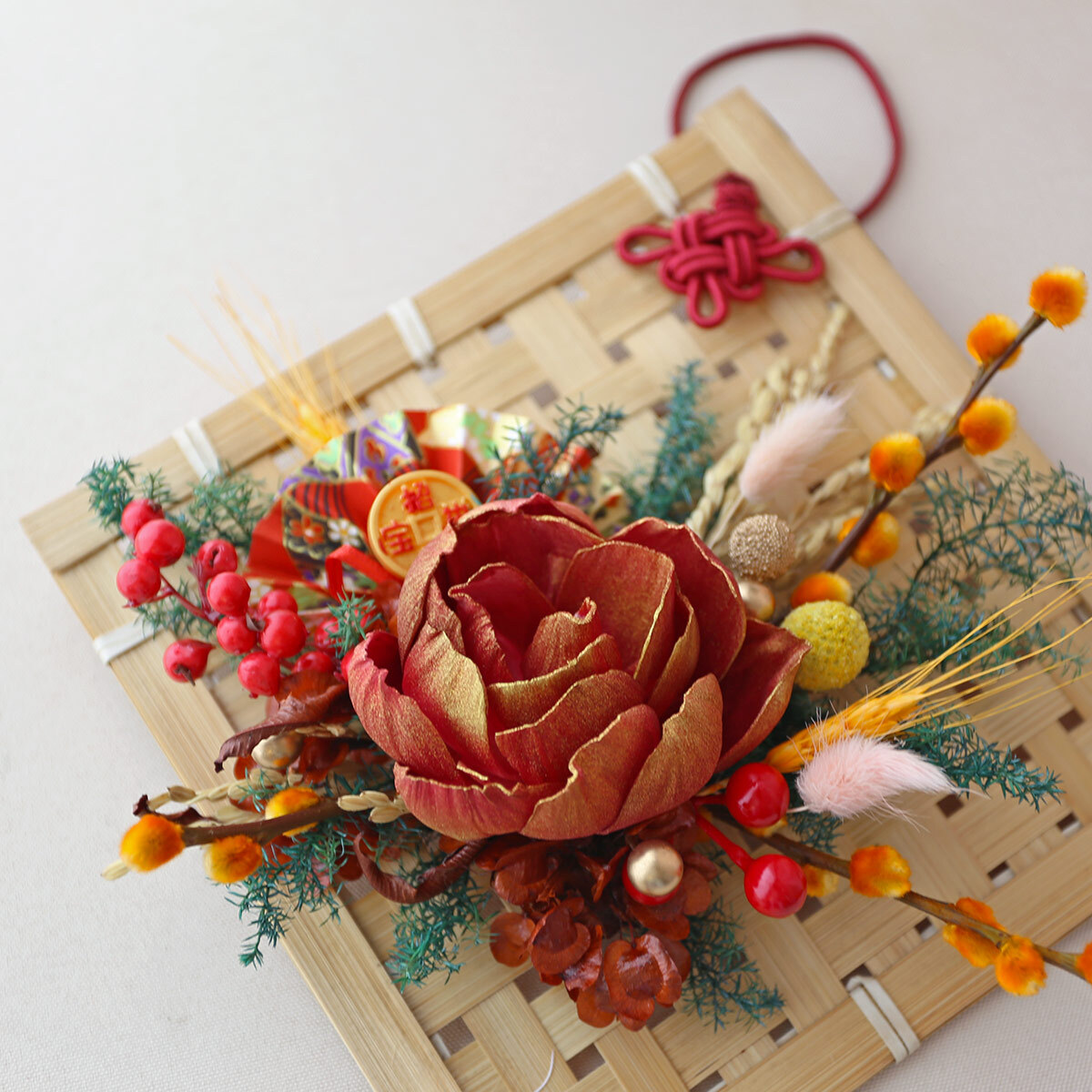 WR06｜藤編新年掛飾｜乾燥花/索拉花永生葉材｜春節花禮/新春佈置
