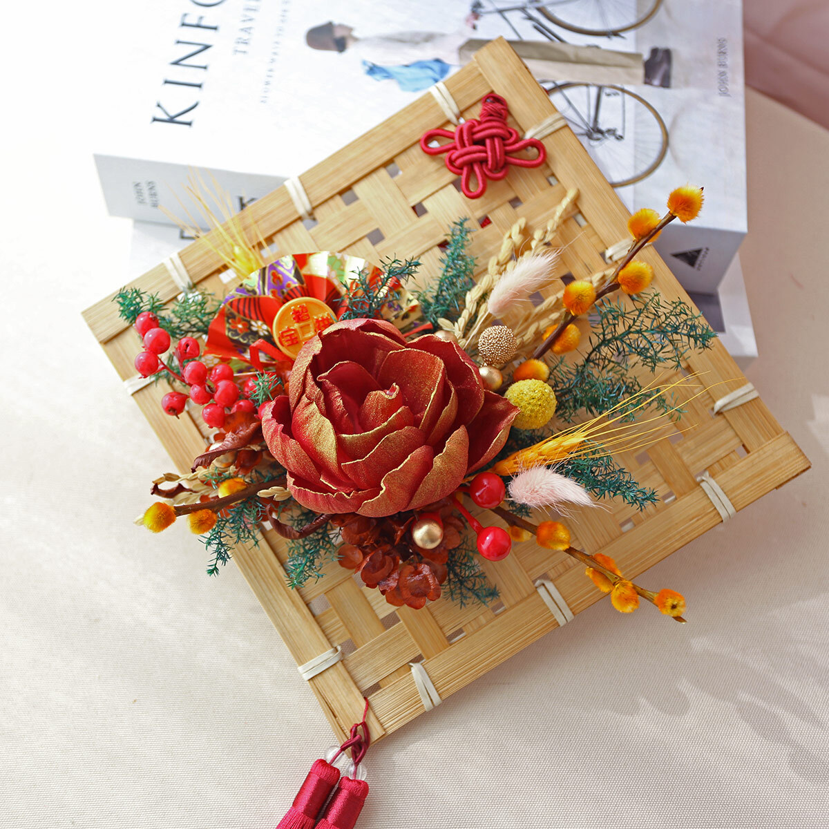 WR06｜藤編新年掛飾｜乾燥花/索拉花永生葉材｜春節花禮/新春佈置