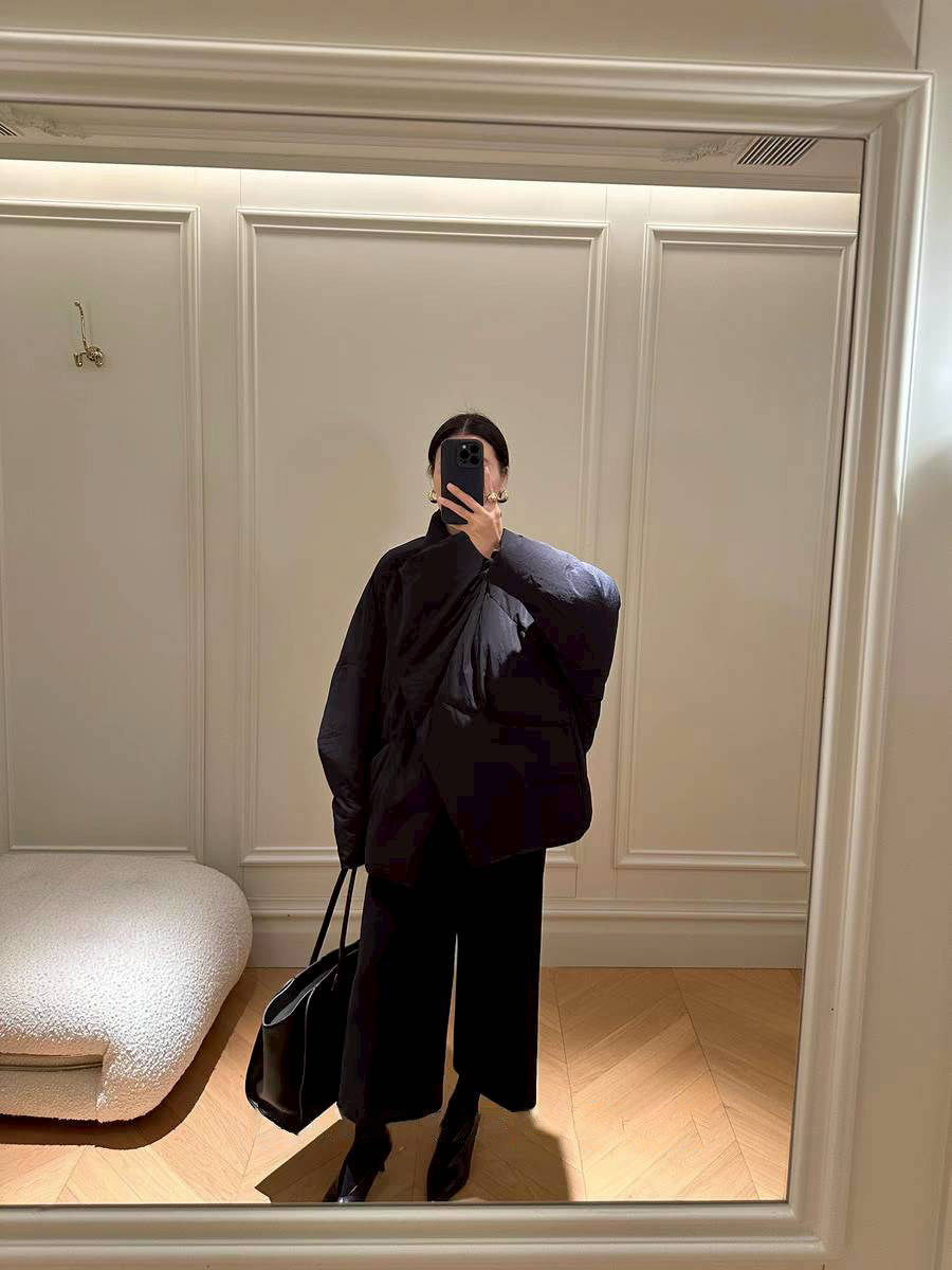 交疊感大翻領造型寬鬆羽絨外套-S-M / 2色 (Elegant & Love)