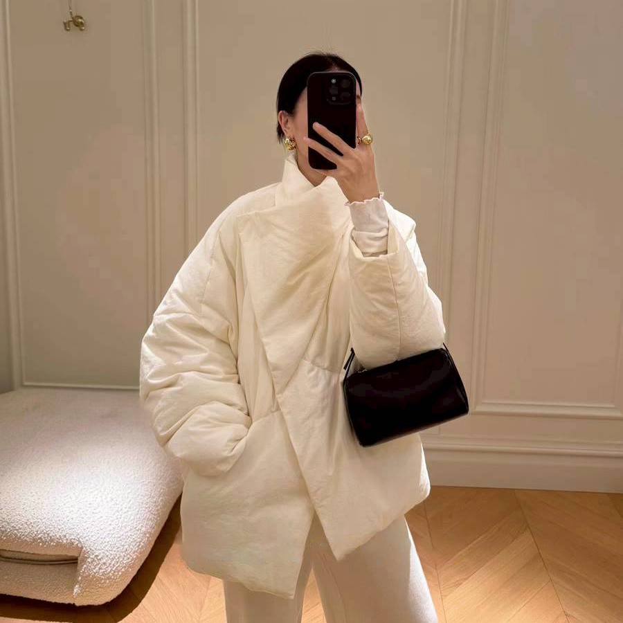 交疊感大翻領造型寬鬆羽絨外套-S-M / 2色 (Elegant & Love)