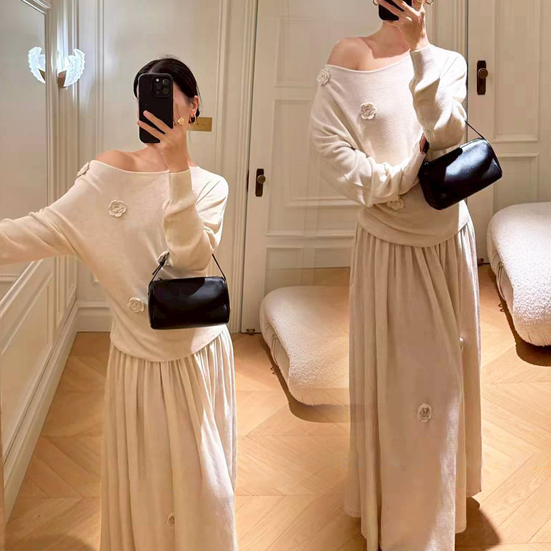 立體山茶花露肩造型上衣+長裙SET-F / 2色 (Elegant & Love)