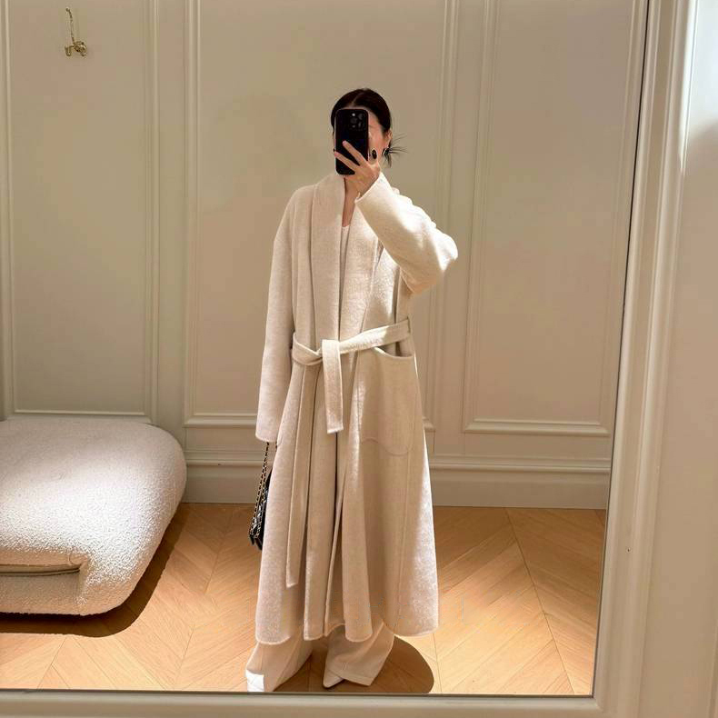 附綁帶造型大領片長版羊毛大衣外套-F / 2色 (Elegant & Love)