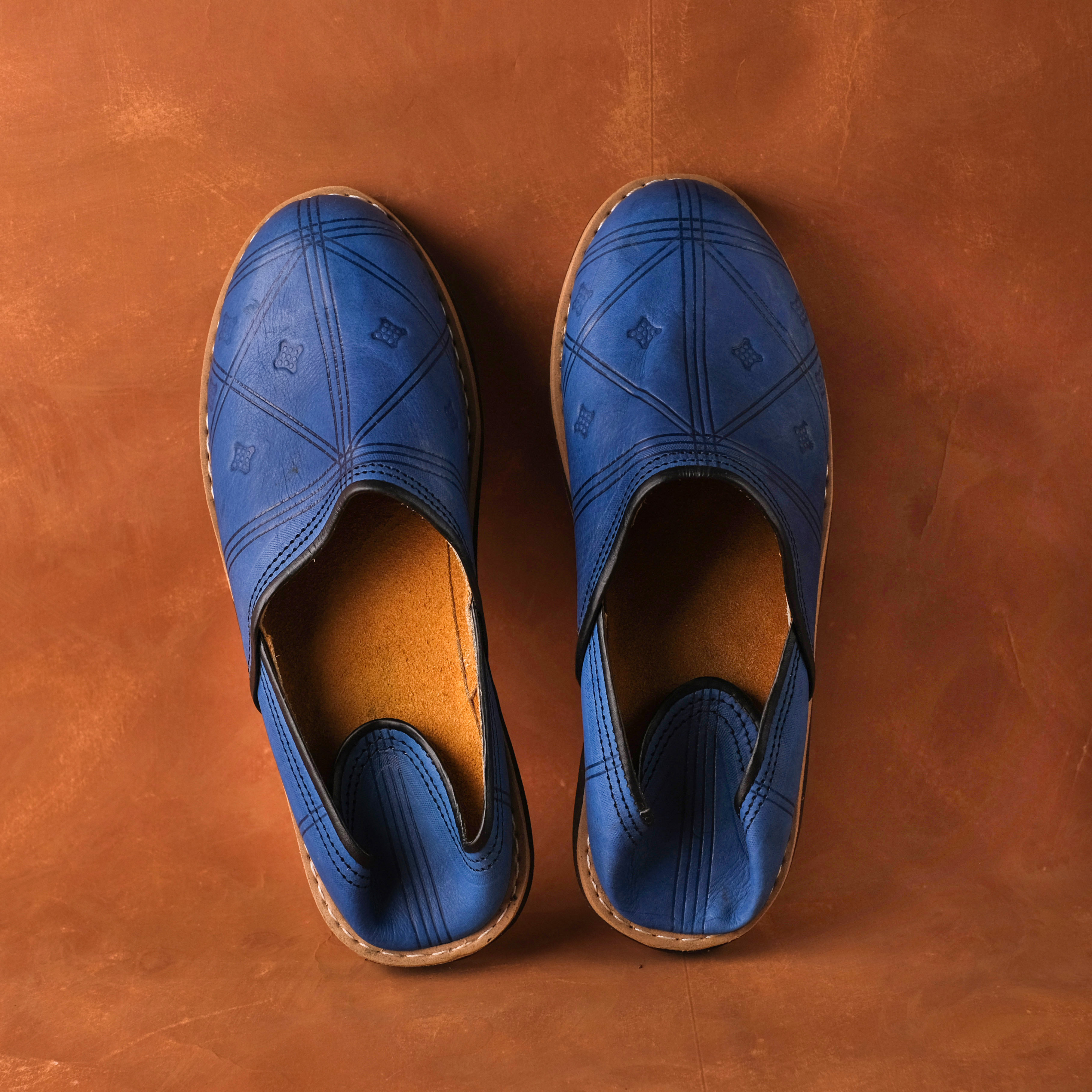 柏柏手工鞋 ｜印紋藍 -圓｜外出款｜摩洛哥