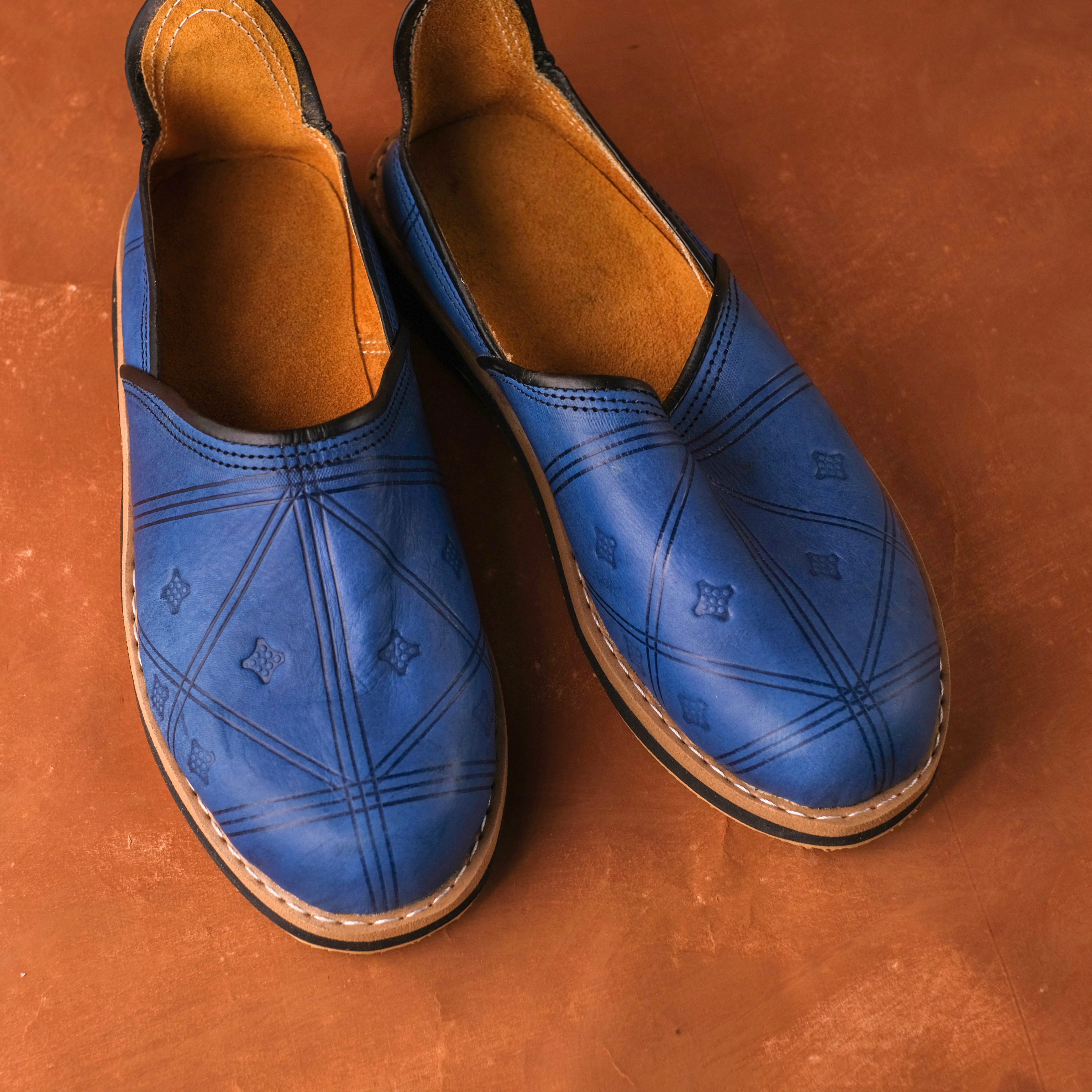 柏柏手工鞋 ｜印紋藍 -圓｜外出款｜摩洛哥