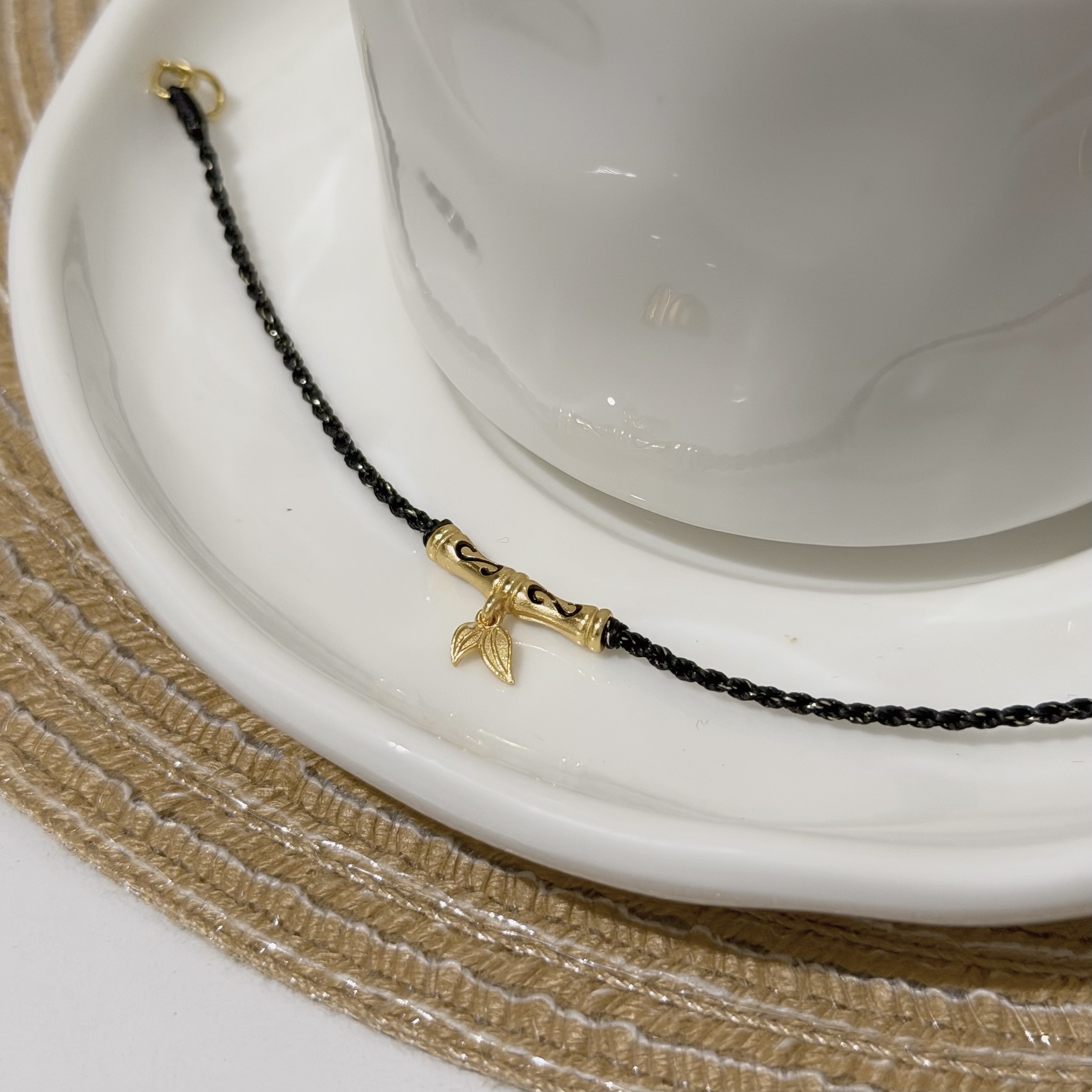 Q216霧金竹節葉子純銀紅線