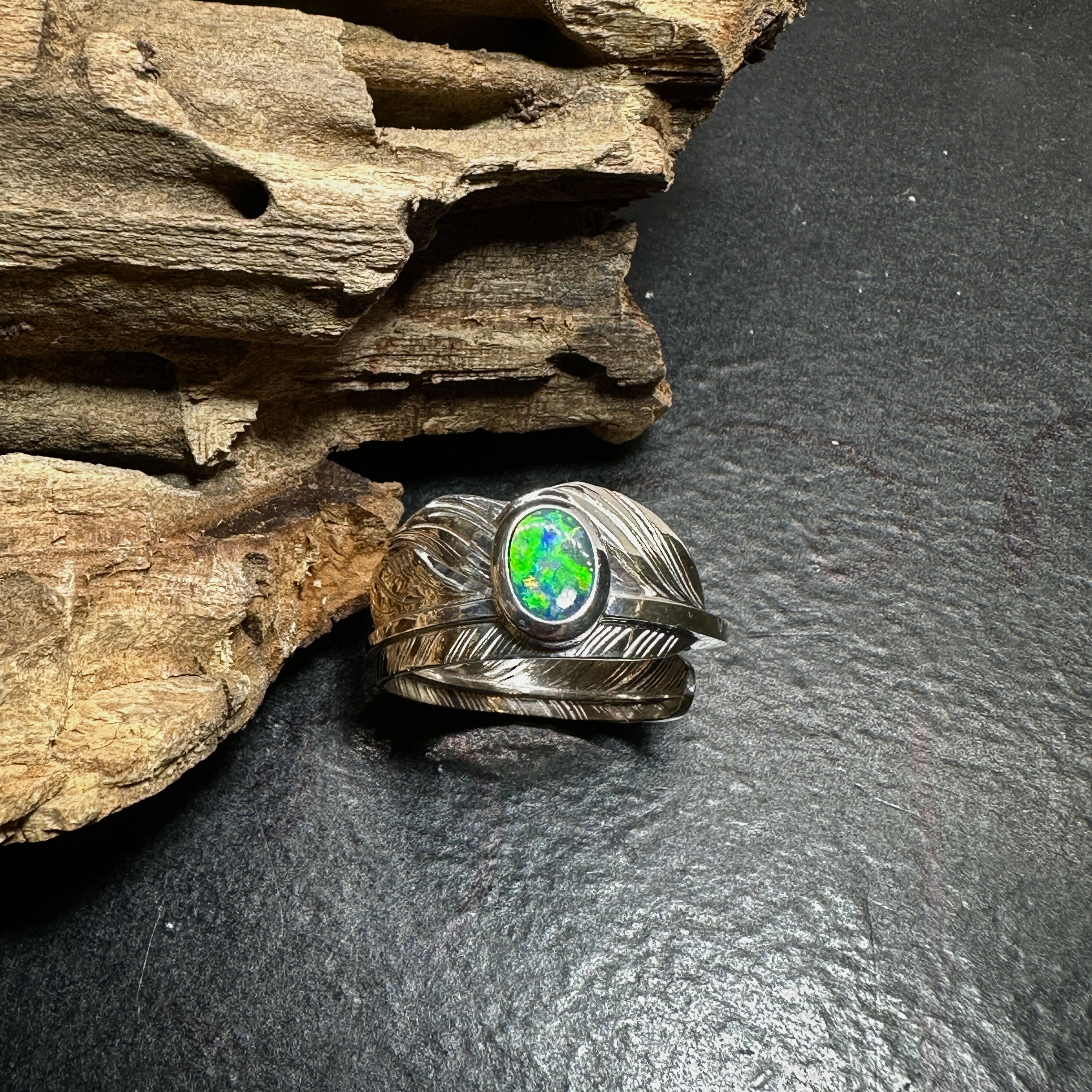 *Black Venom Jewelry- Freedom & Prayer全銀斬風羽戒鑲澳洲蛋白石