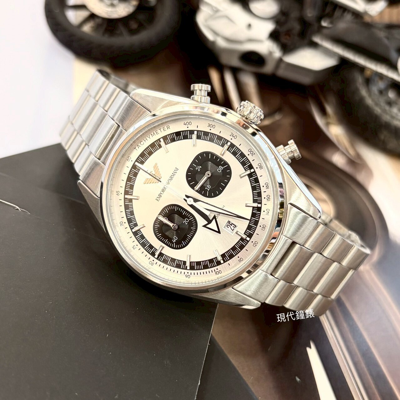 【EMPORIO ARMANI 亞曼尼】熊貓黑銀兩眼計時男錶AR11636  42mm 現代鐘錶