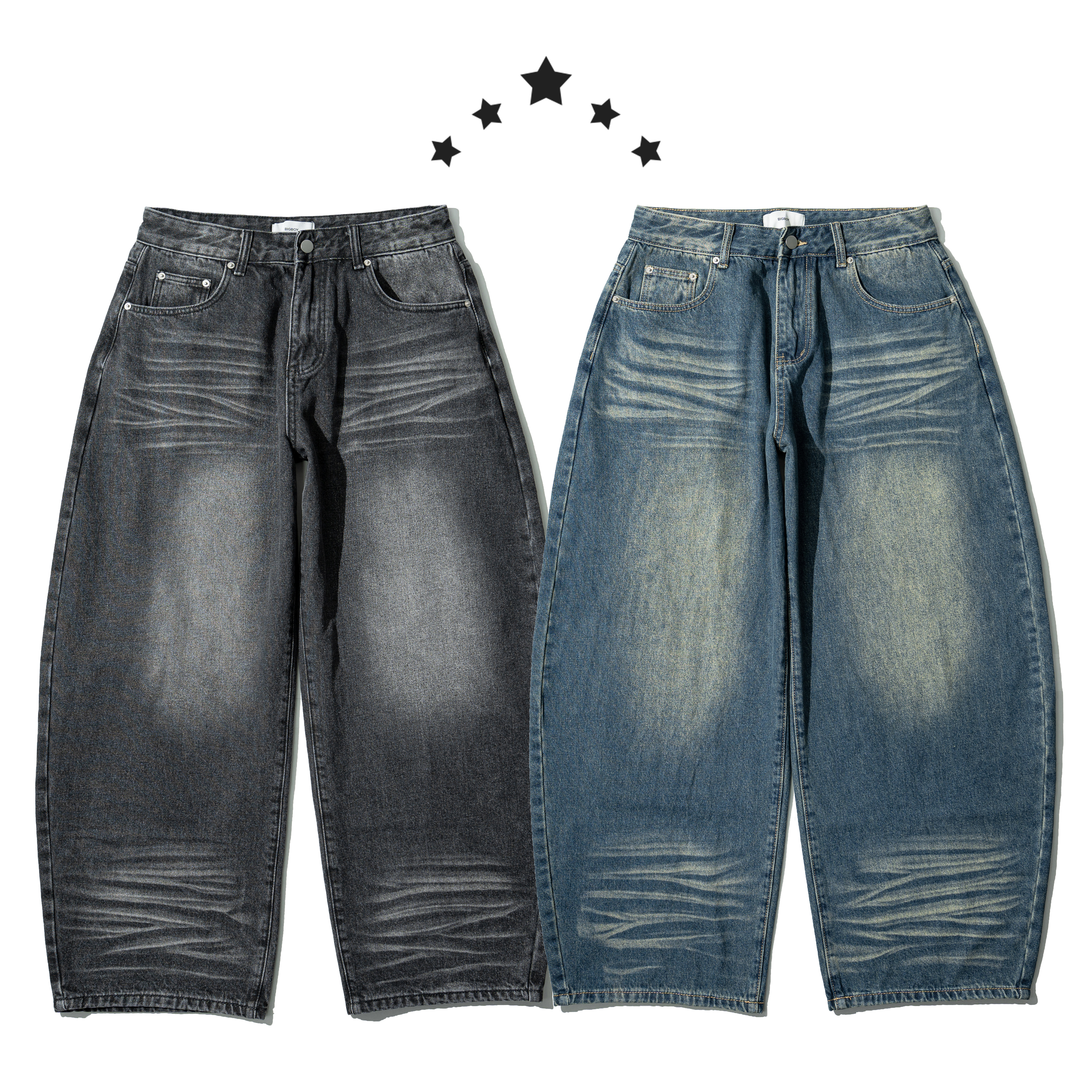 Whiskering Baggy Jeans 貓鬚紋 寬版 牛仔褲 [B-2599]