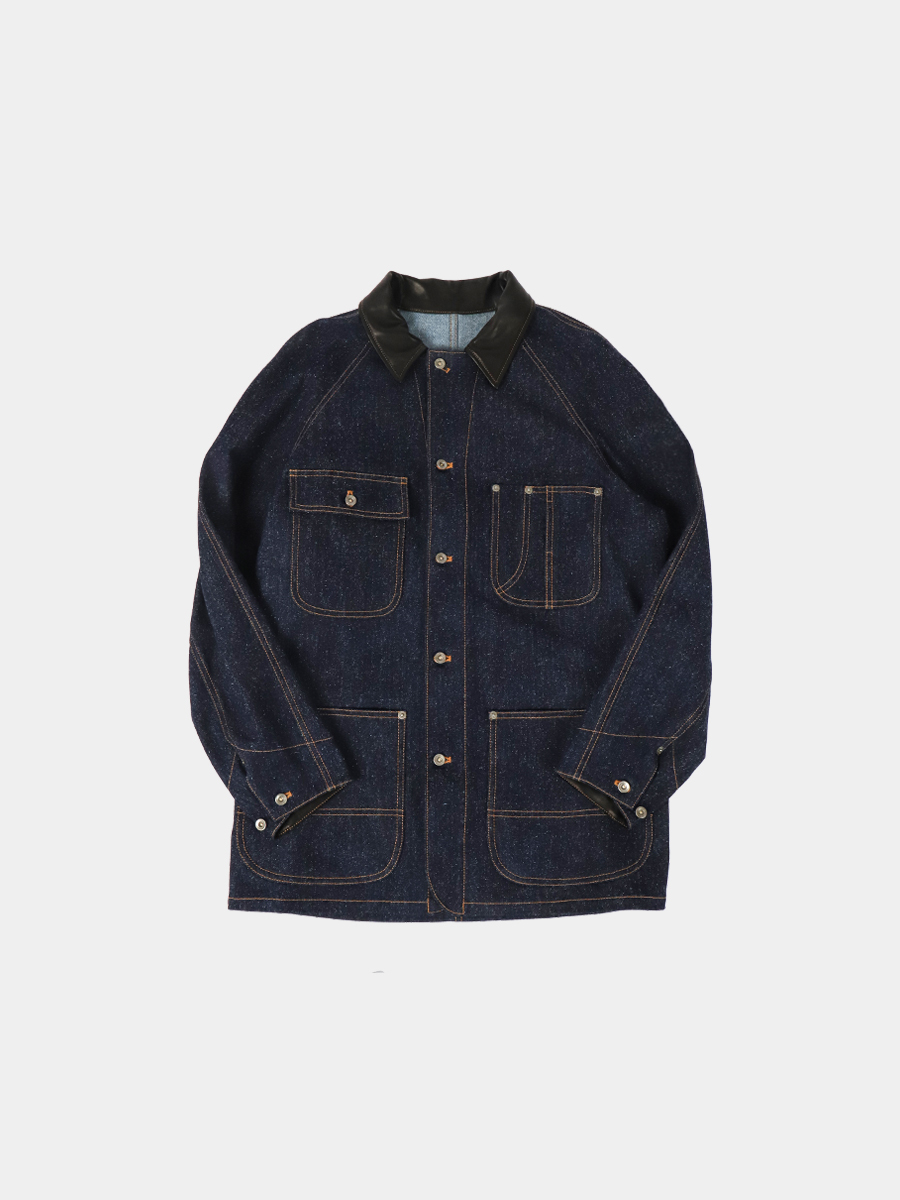 Cale Cotton Silk Denim Leather Collar Work Jacket Blue