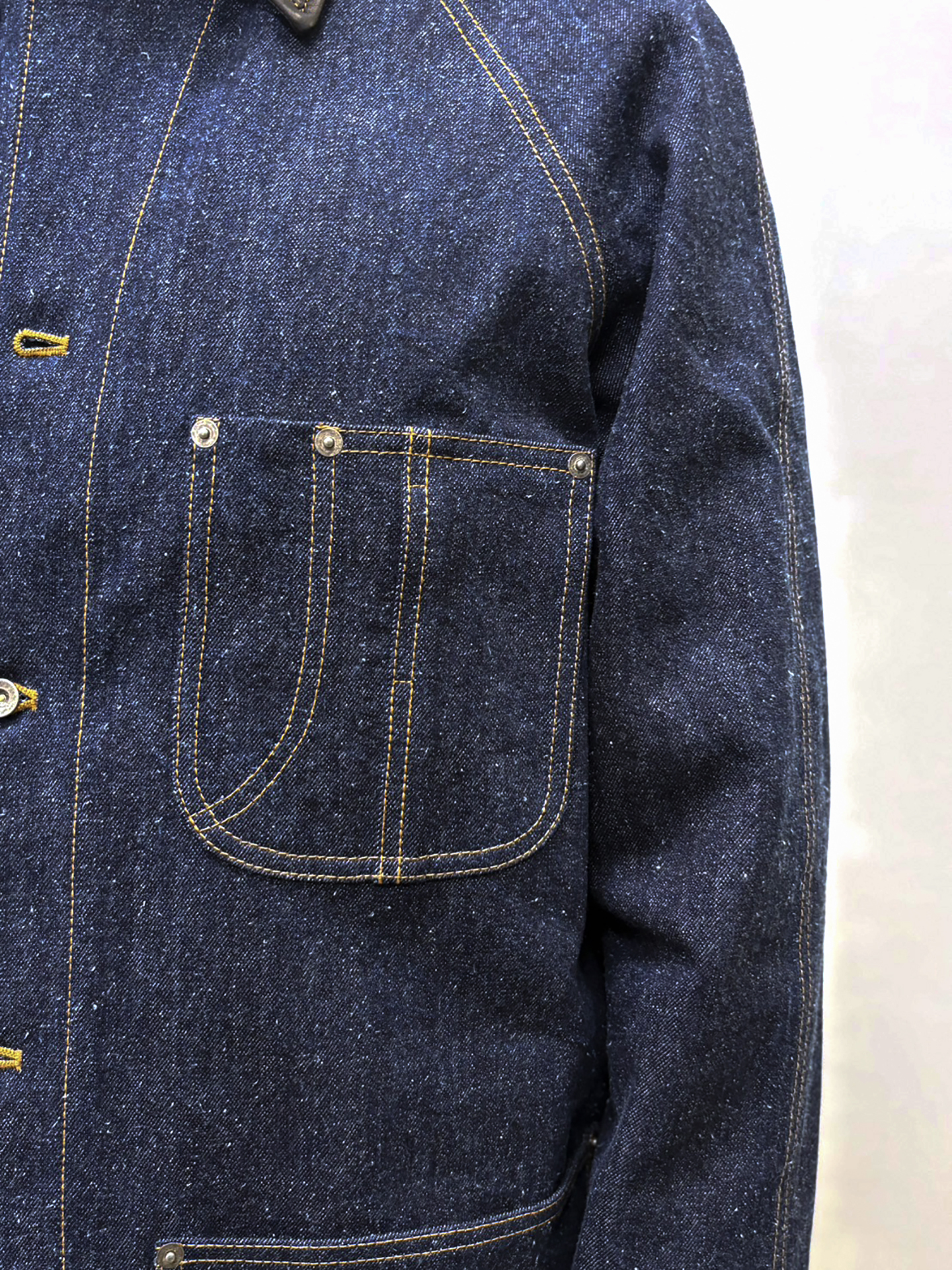 Cale Cotton Silk Denim Leather Collar Work Jacket Blue