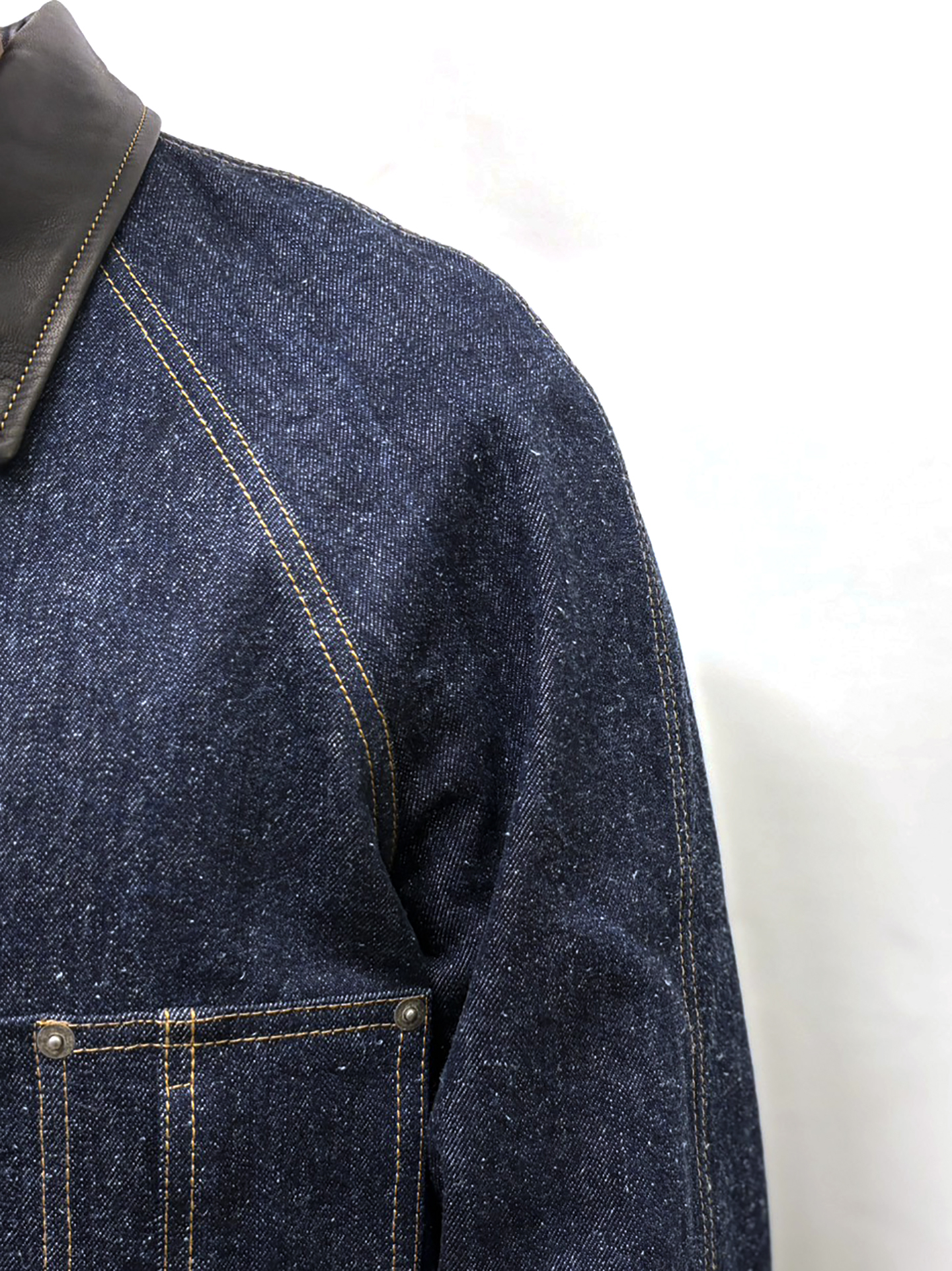 Cale Cotton Silk Denim Leather Collar Work Jacket Blue