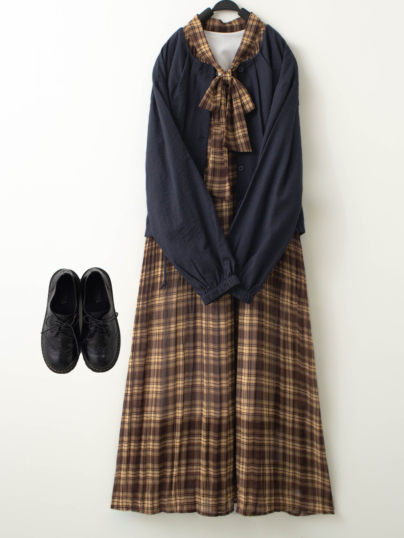 抓褶抽繩短外套壓褶格紋雪紡綁帶洋裝組合