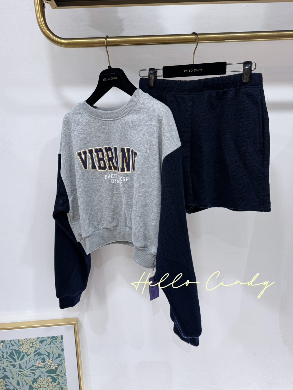 B01022 美式英文字拼接大學T+短褲套裝組