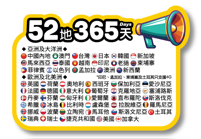 52地 365天 5G 高速漫遊無限數據年卡