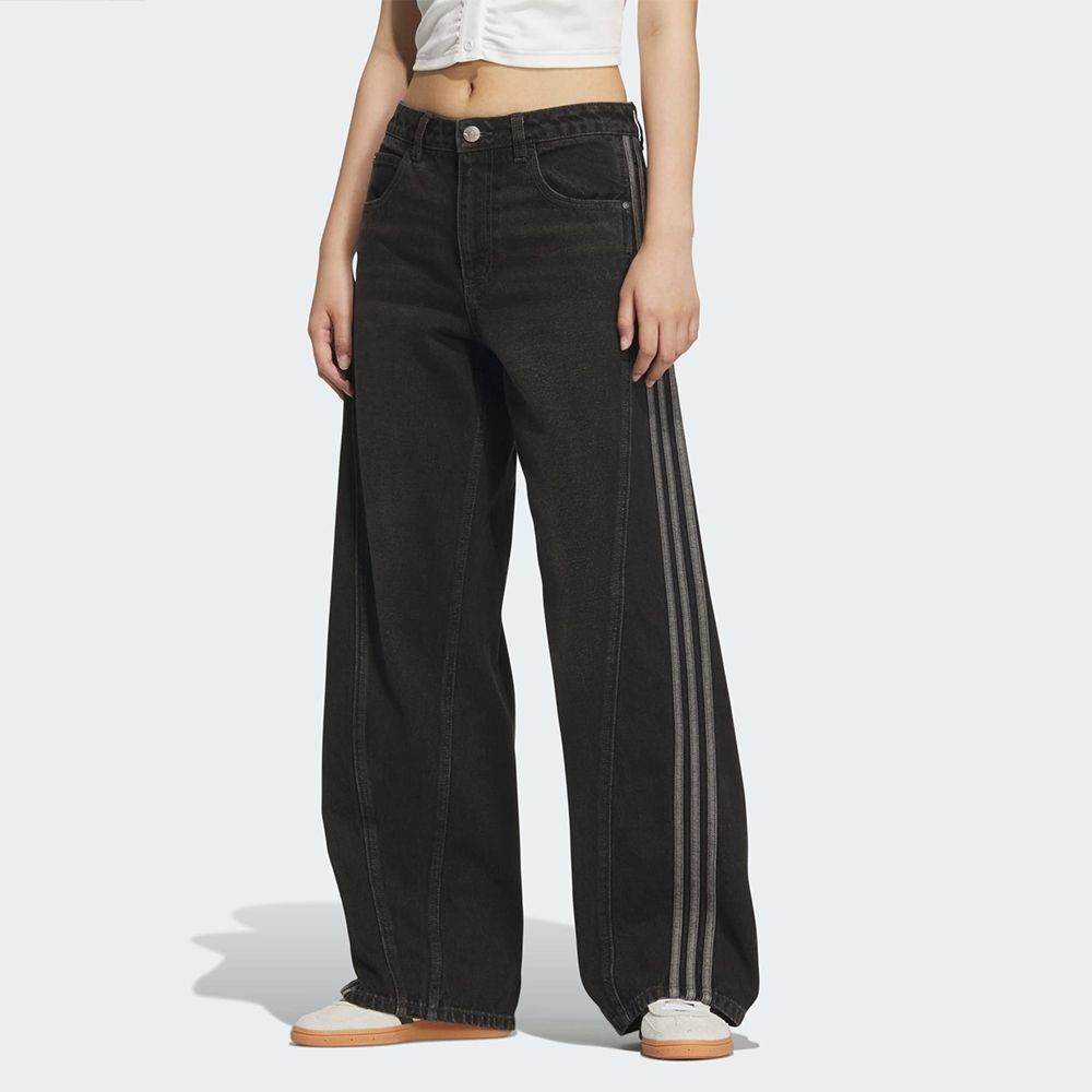【代購】adidas 宋雨琦 明星同款  ADI DENIM W 女款 黑色寬褲 彎刀褲 弧形剪裁 丹寧長褲 三條線 JX6865