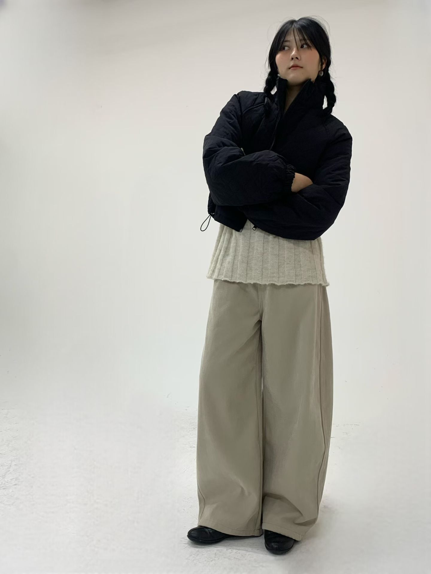 Loose fit fleece lined barrel pants &belt