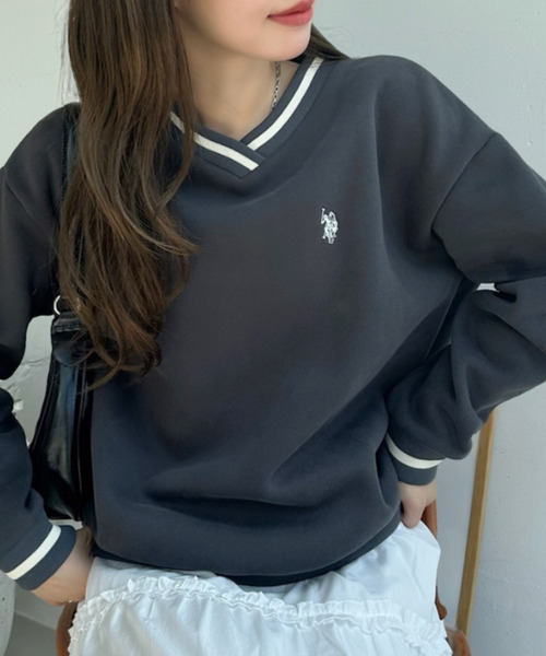 日本🇯🇵連線 U.S. POLO ASSN. x Ada. 刺繡撞色雙線V領運動衫 套頭衫 運動衫 V領 長袖 刺繡 3色(任買兩件7-11免運)/預購