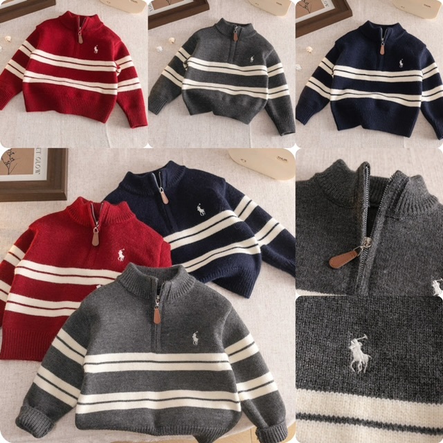 兒童刺繡小馬🐎Logo 橫紋半開胸針織上衣- 2600036