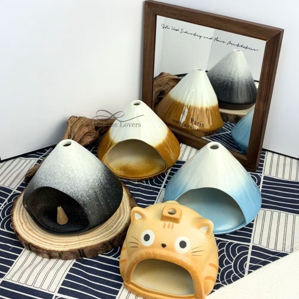 山嶼・靜謐時光｜日式富士山陶瓷薰香座 & 水晶消磁盒 (附原木底座)