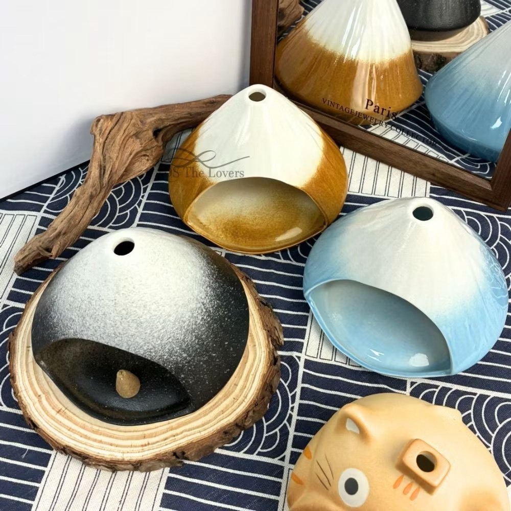 山嶼・靜謐時光｜日式富士山陶瓷薰香座 & 水晶消磁盒 (附原木底座)