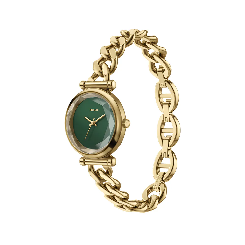 萬年鐘錶 - Fossil  Carlie mini 優雅金綠面不鏽鋼手鍊造型女錶 ES5441 錶徑28MM