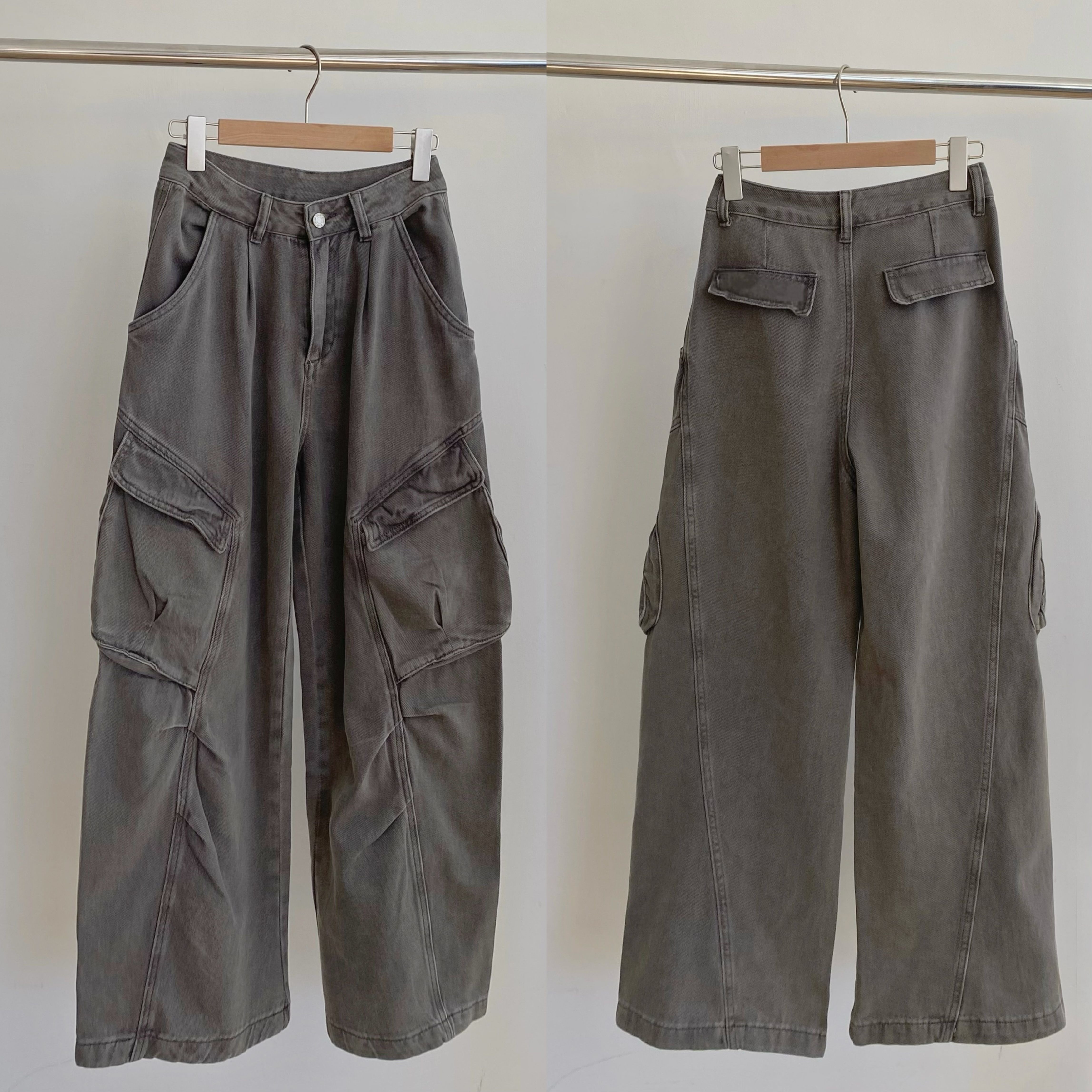 煙灰色工裝彎刀牛仔褲