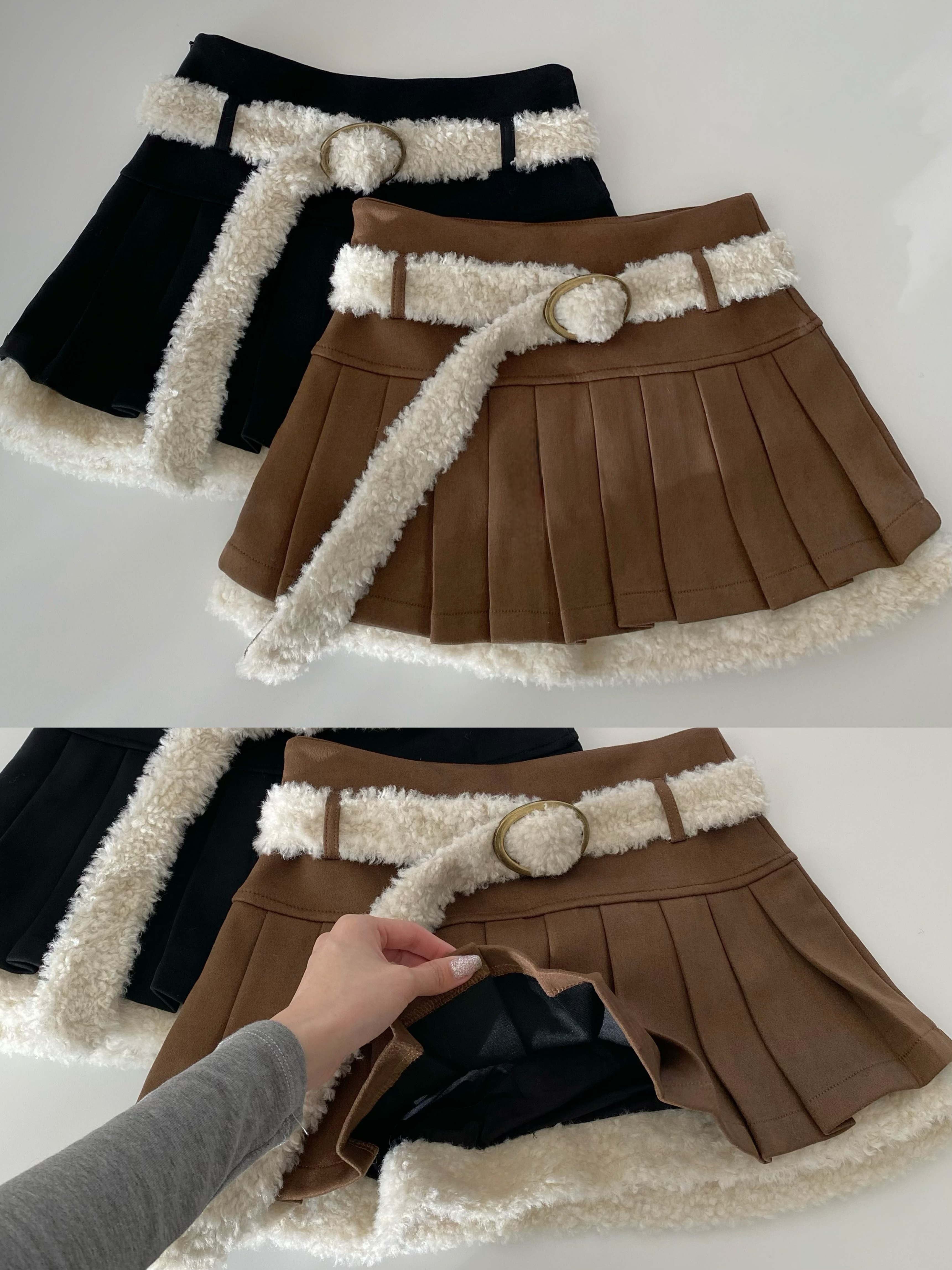 泰迪熊毛絨麂皮百褶裙