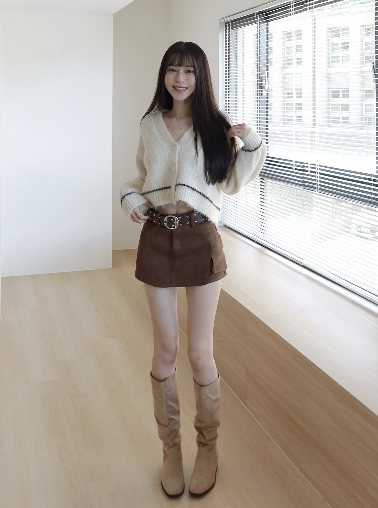 甜酷麂皮工裝皮帶褲裙