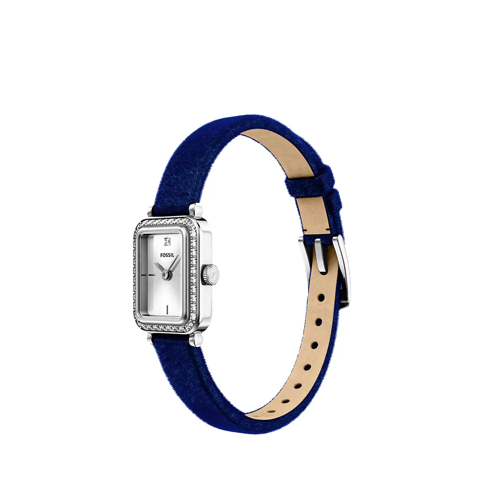 萬年鐘錶 - Fossil  Raquel 復古年華晶鑽矩形藍色天鵝絨織物錶帶女錶 ES5436 錶徑18MM