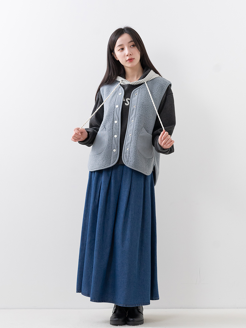 內絨毛上衣口袋背心鬆緊百褶A字長裙