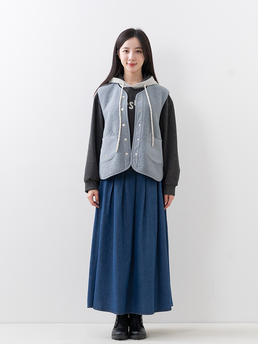 內絨毛上衣口袋背心鬆緊百褶A字長裙