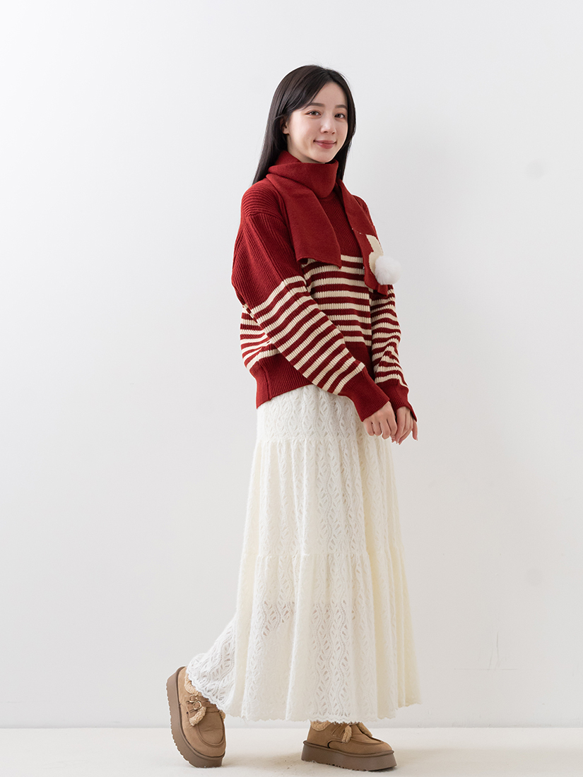 圍巾針織毛衣蕾絲絨毛蛋糕長裙