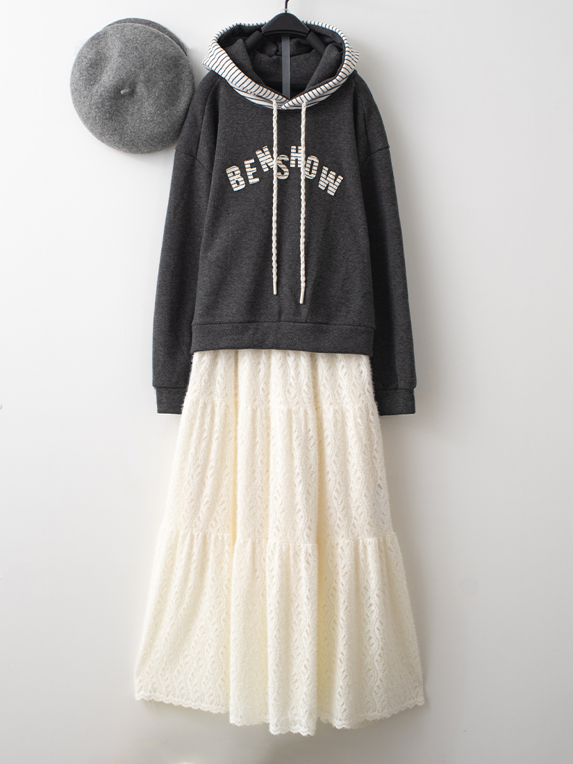 內絨毛連帽上衣蕾絲絨毛蛋糕長裙