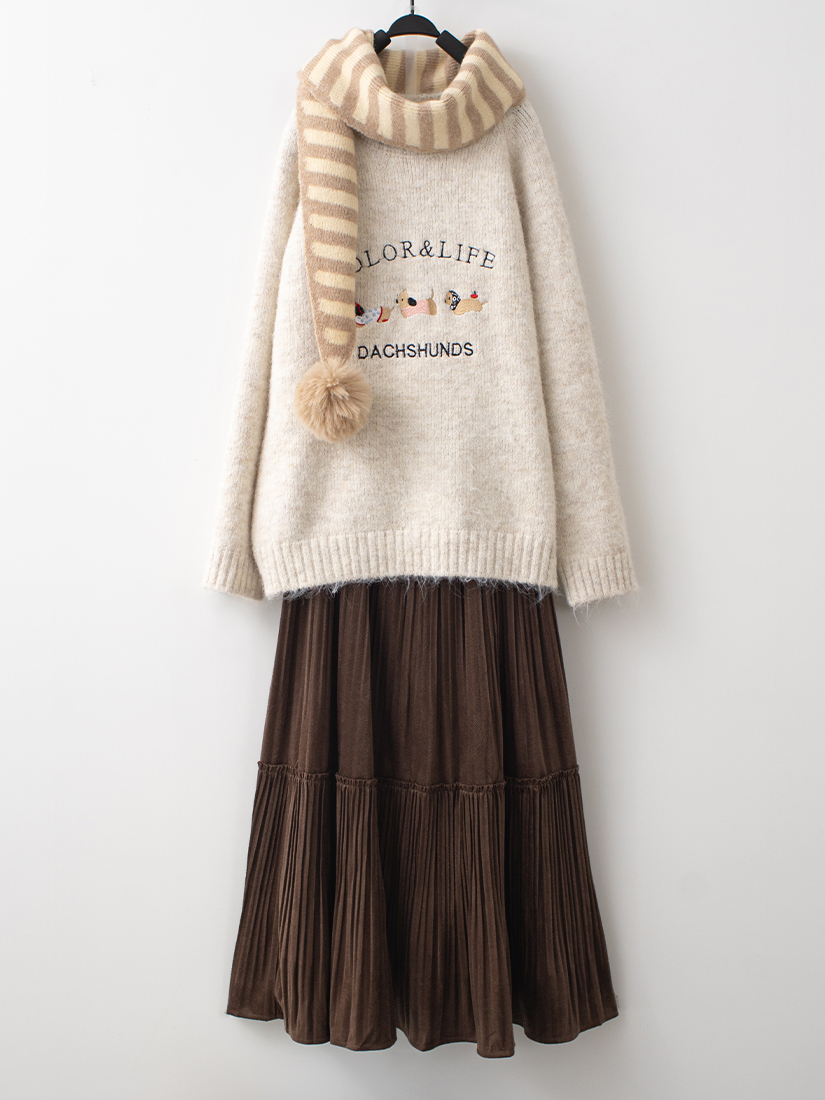 繡花針織毛衣剪接絨面長裙