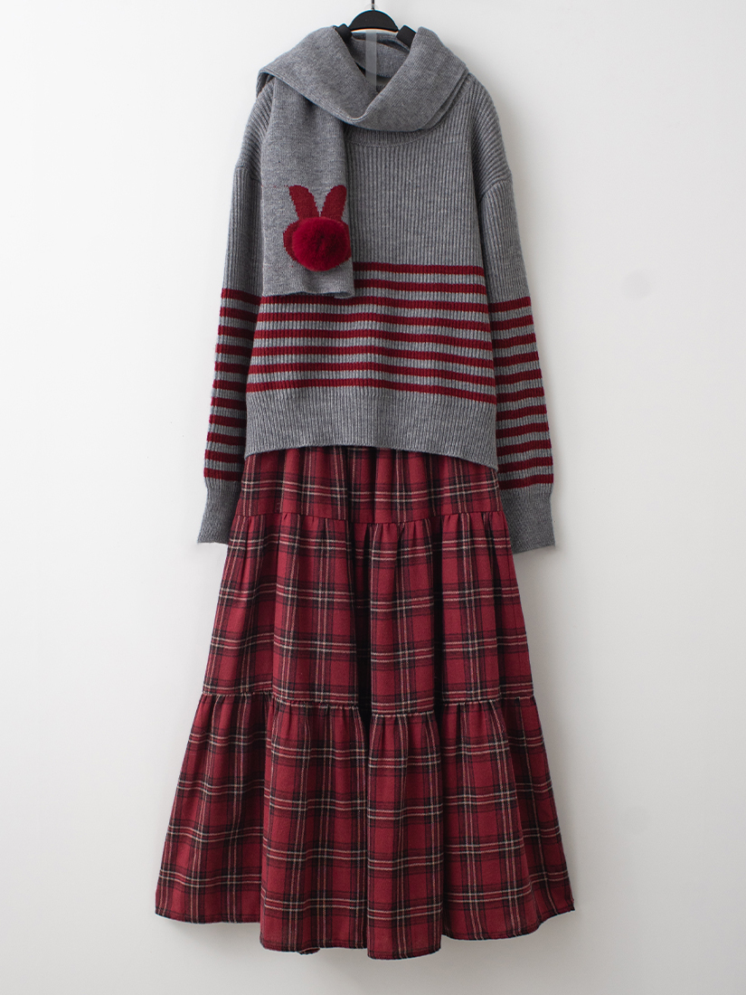 圍巾針織毛衣蘇格蘭格紋法蘭絨蛋糕長裙