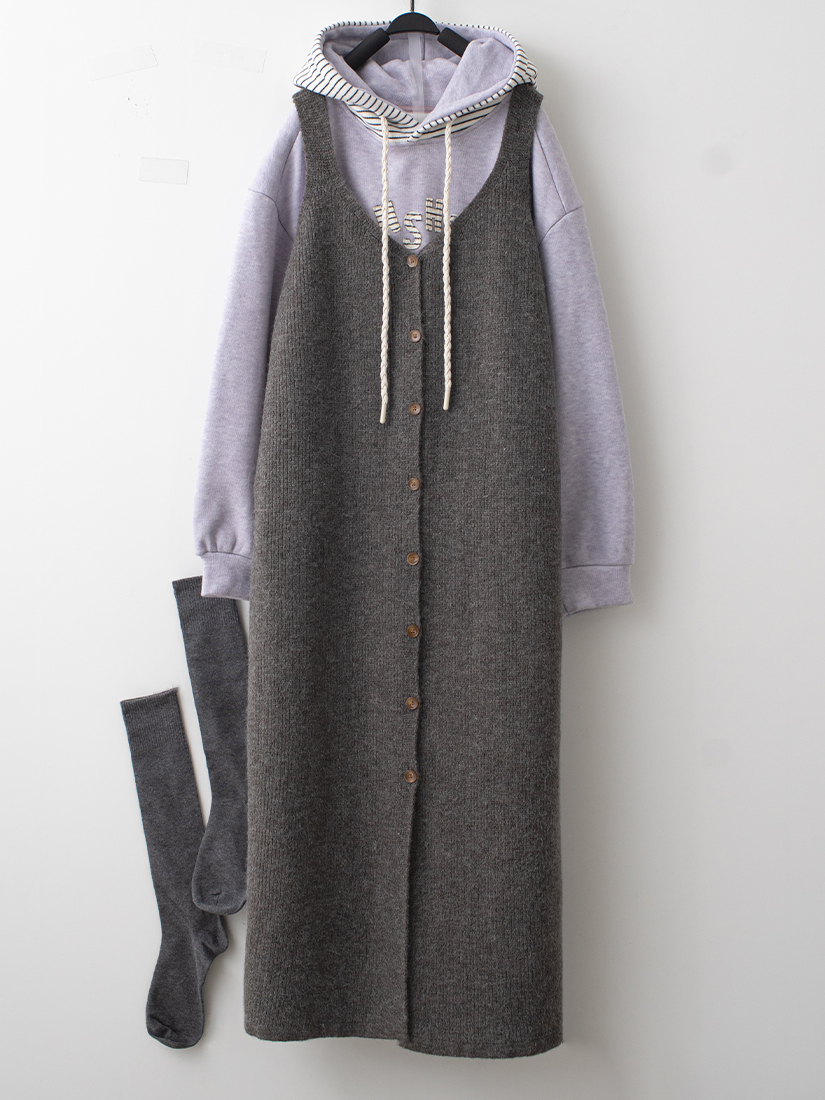 內絨毛連帽上衣排釦針織背心洋裝