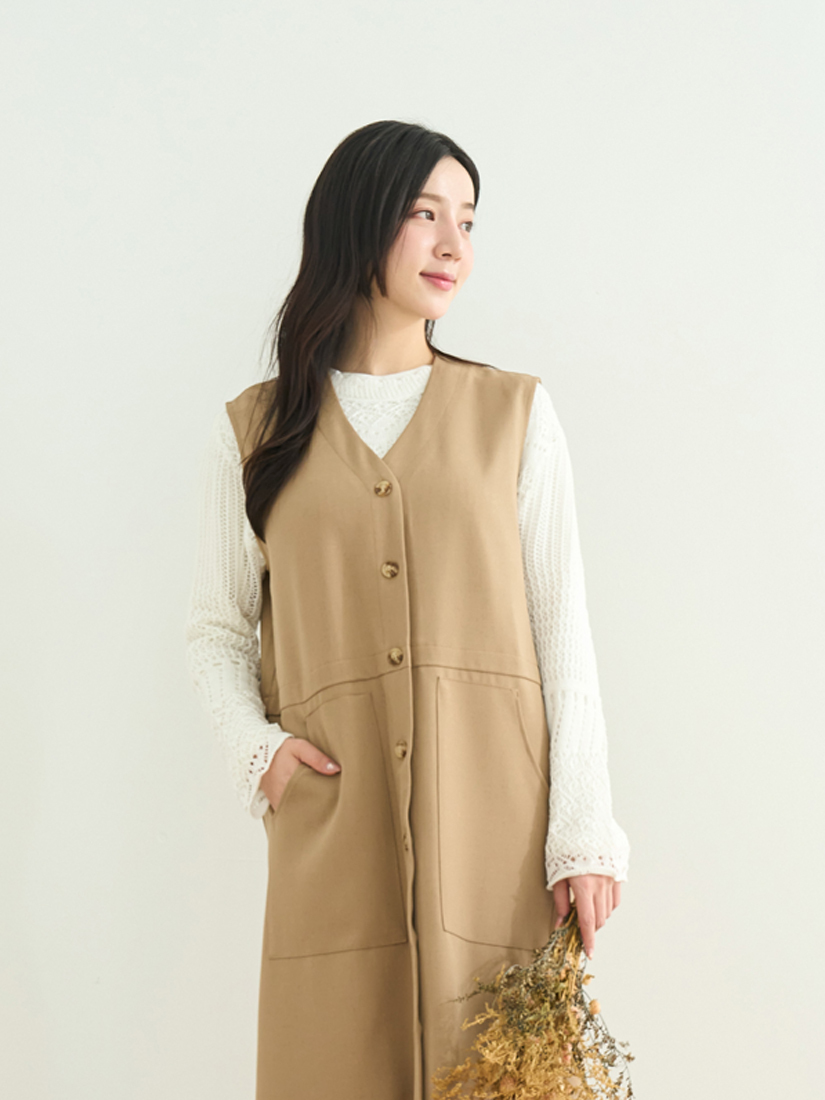 慵懶寬鬆V領排釦背心裙