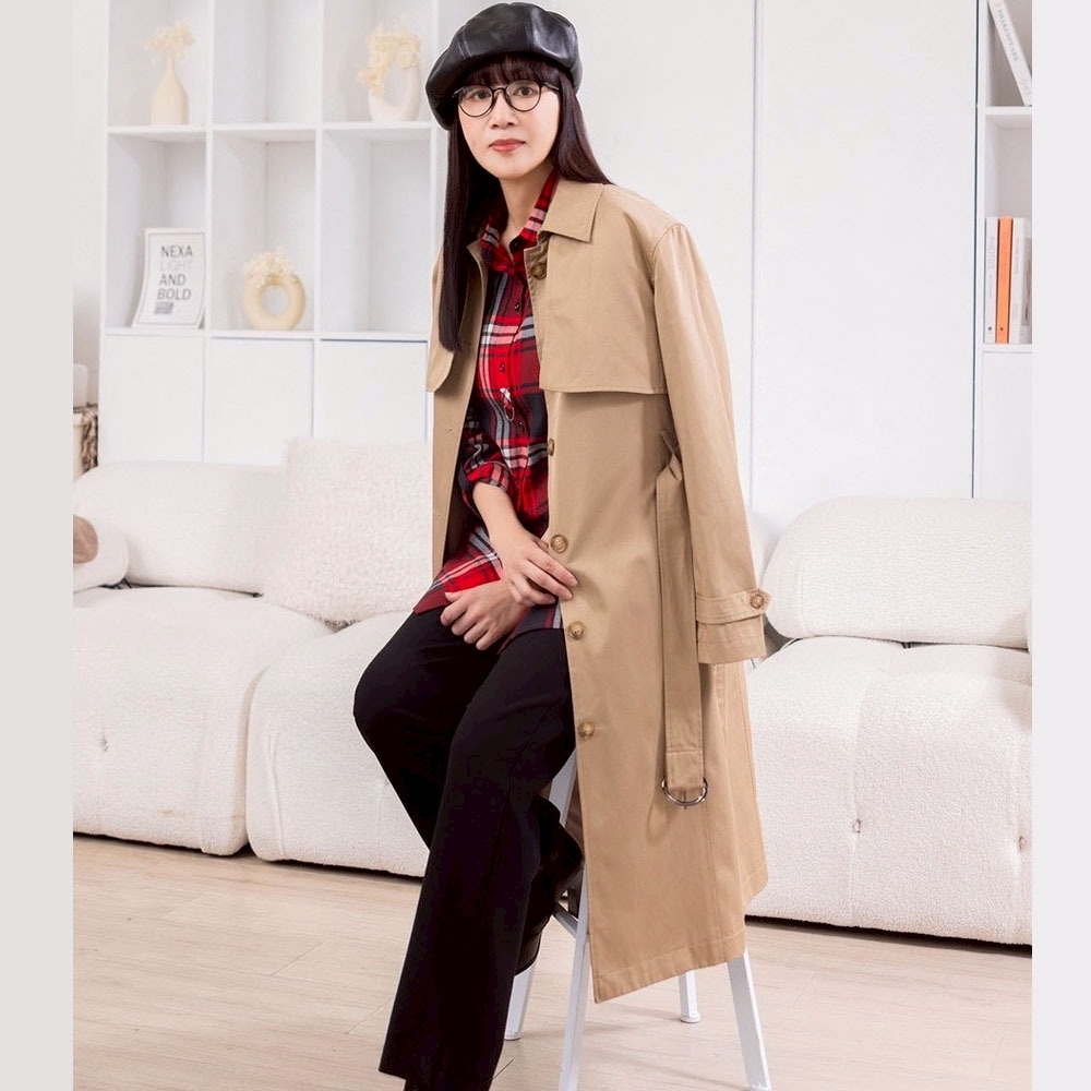 OL韓版時尚經典款連身長版綁腰帶修身顯瘦風衣外套X6661