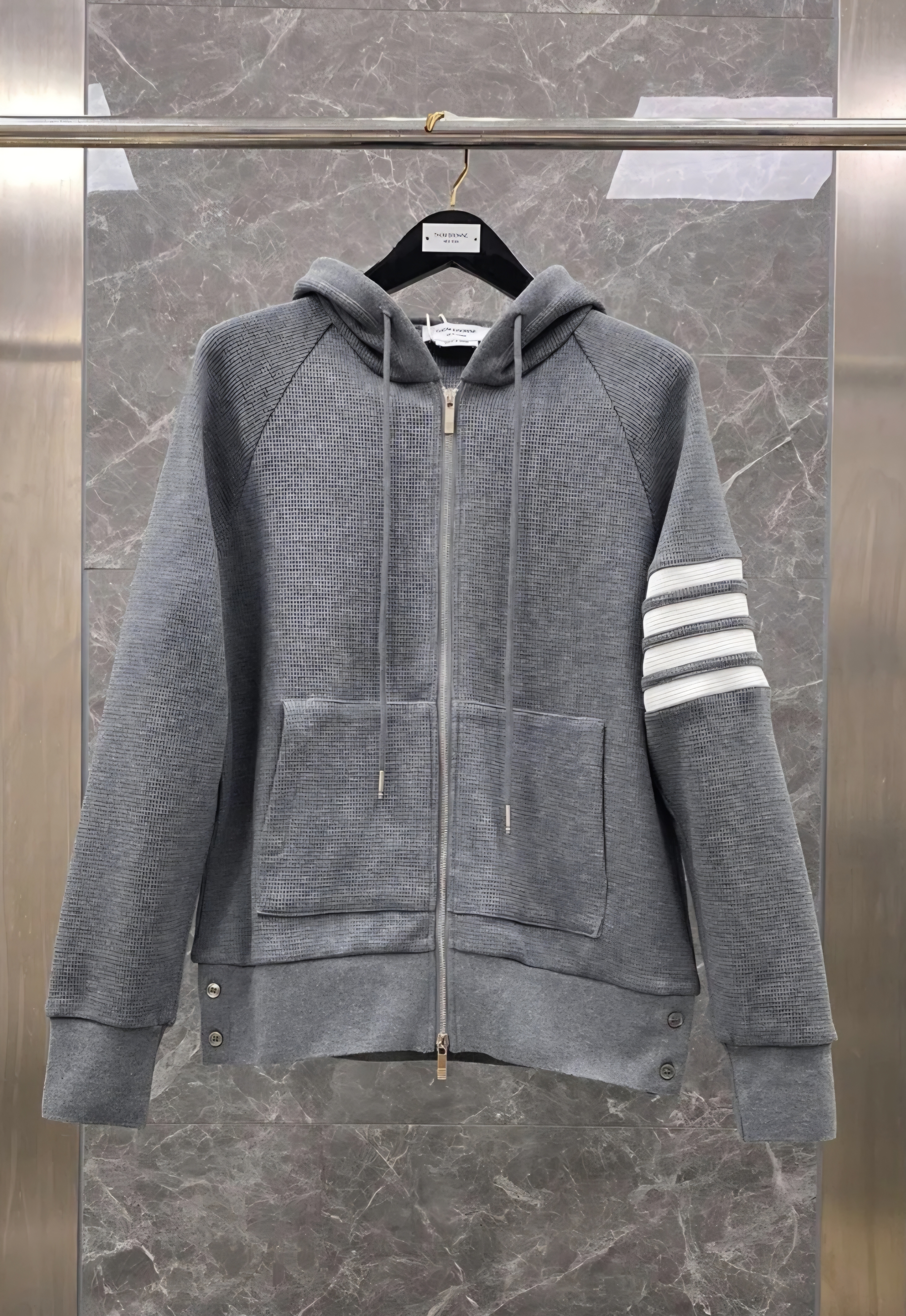 THOM BROWNE 窩夫格有帽拉鏈外套 深灰色