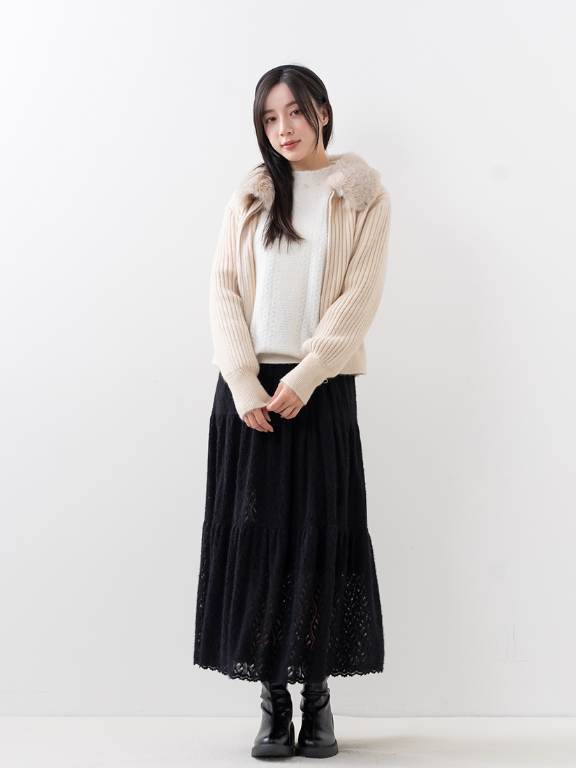 絨毛針織上衣羅紋毛毛領外套蕾絲絨毛長裙