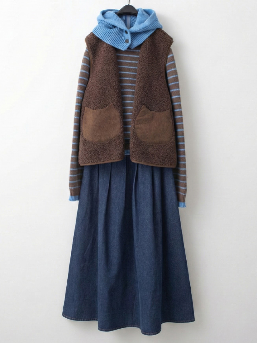 溫暖搖粒背心連帽毛衣A字牛仔裙組合