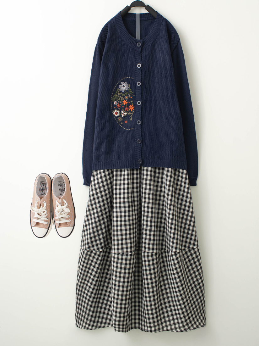 織紋繡花針織外套棉麻感花苞格紋長裙組合