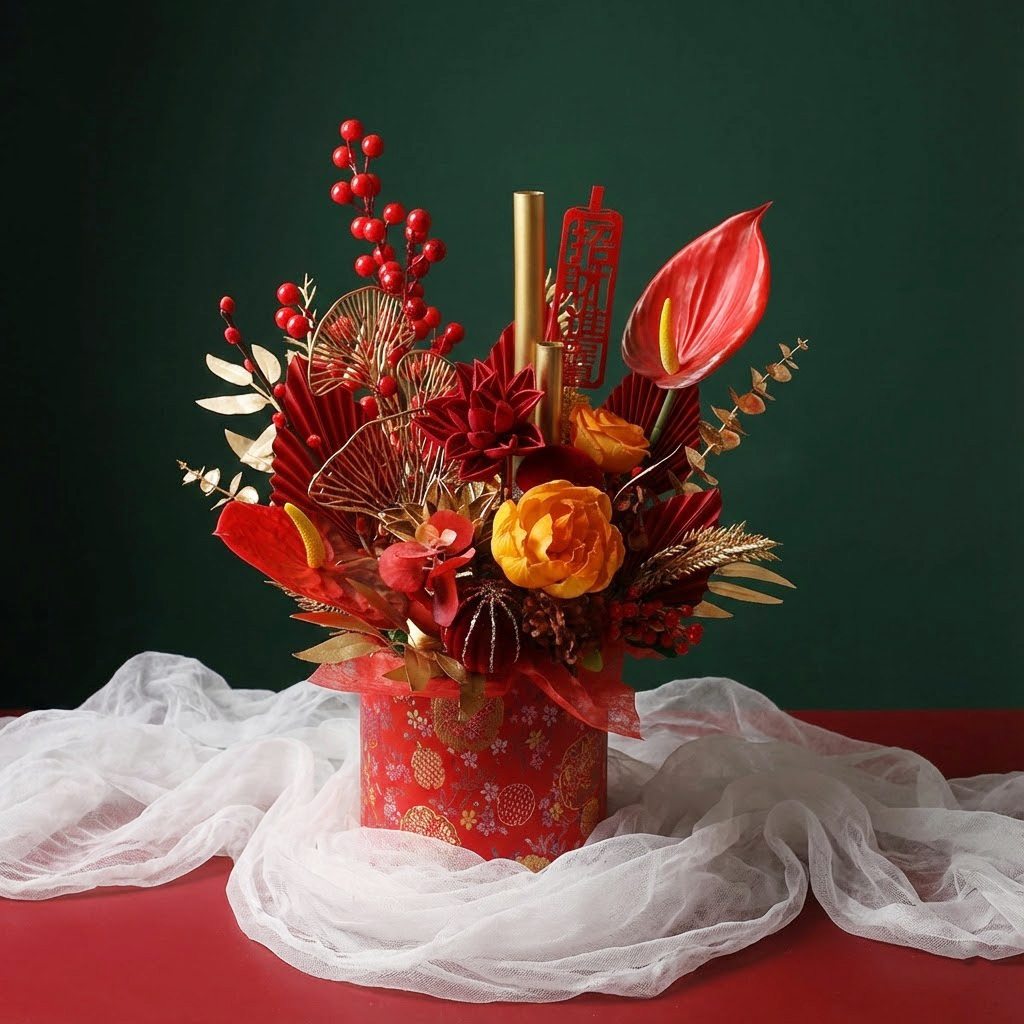 T46｜福氣滿滿新年福桶｜乾燥花/高擬真花｜新年盆花/春節佈置