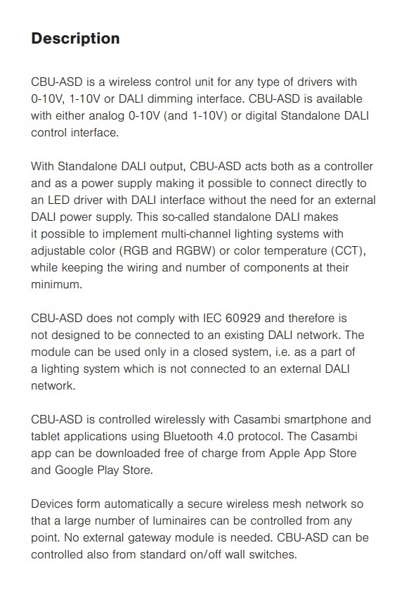 CASAMBI CBU-ASD 適用於 0-10V、1-10V 或 DALI 調光介面的 LED 和鹵素燈驅動器的無線控制單元