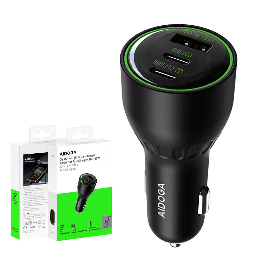 AIDOGA 艾迪伽 136W 三孔 Type-C+USB-A PD 點菸器快充車充車用充電器 LED FastPulse系列 適用手機/平板/筆電