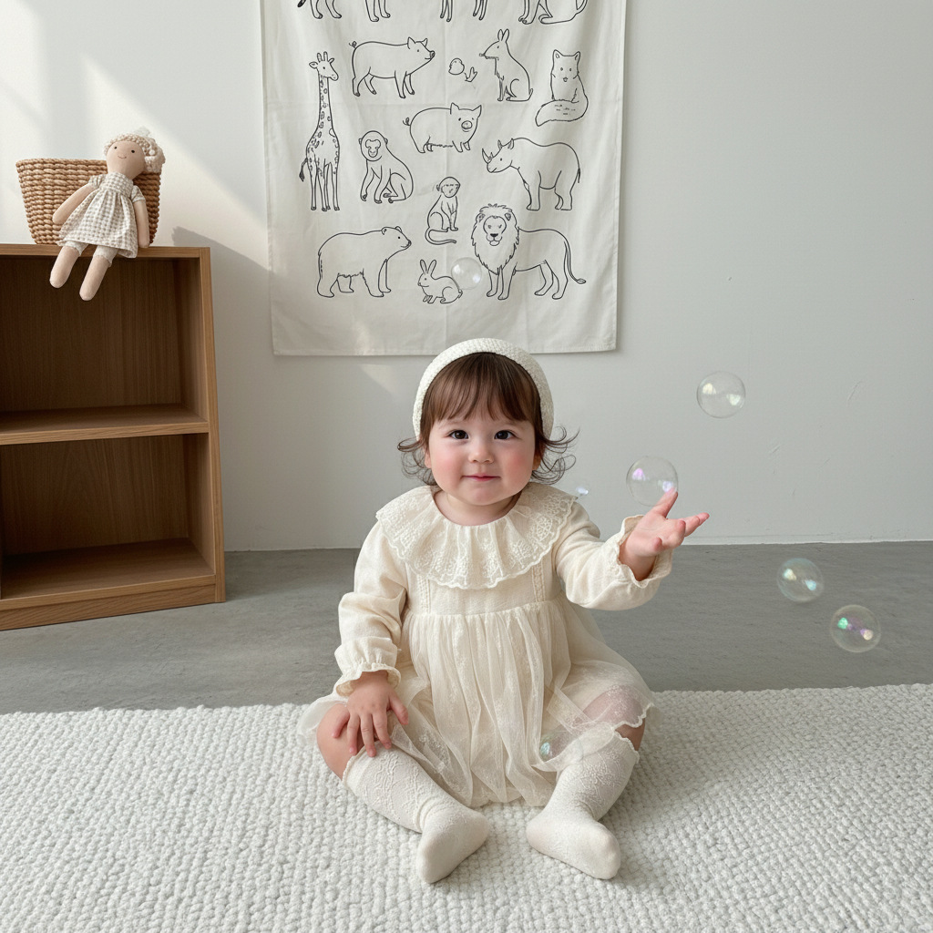 蕾絲領假兩件包屁洋裝(66-90)