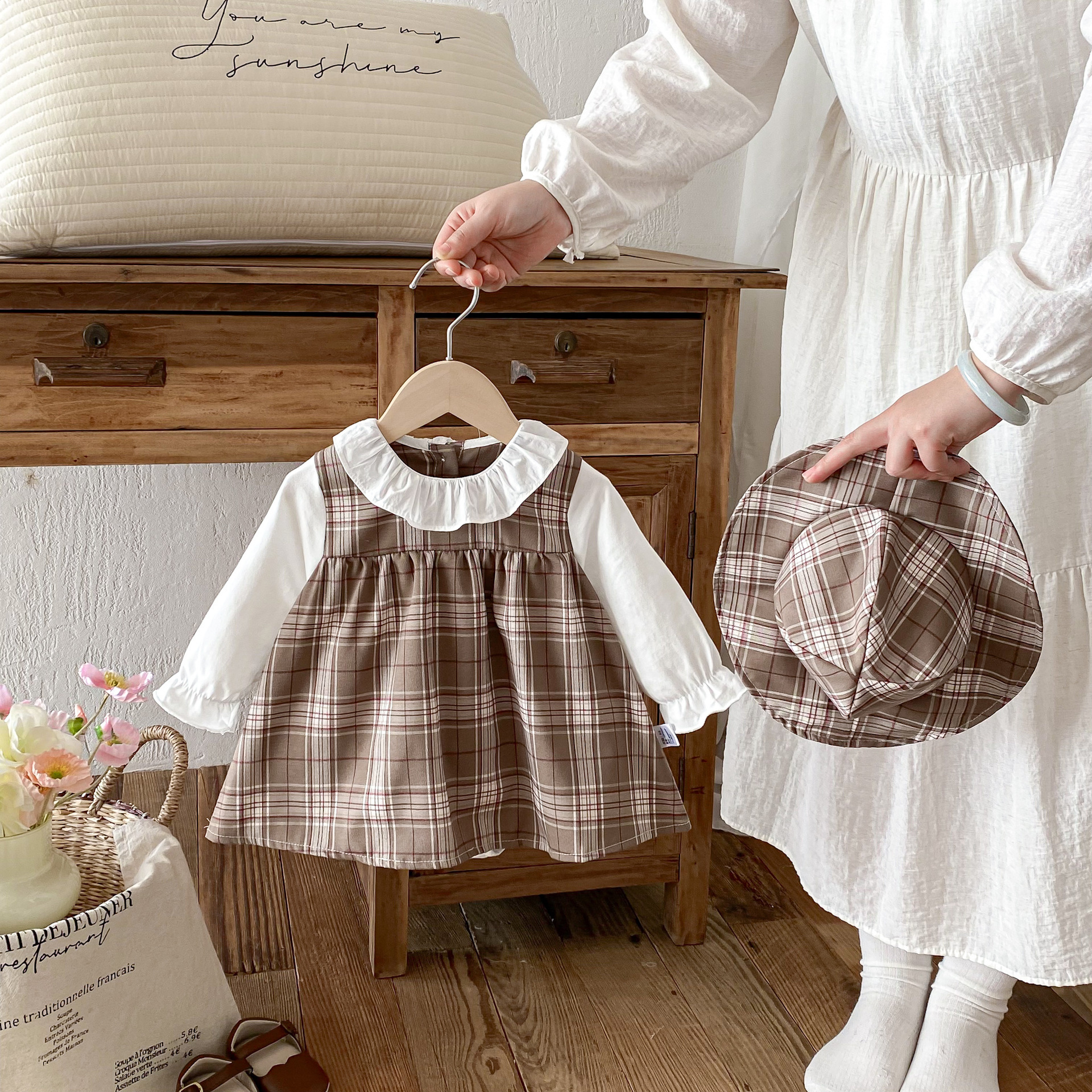 格紋假兩件包屁洋裝送帽子(66-90)