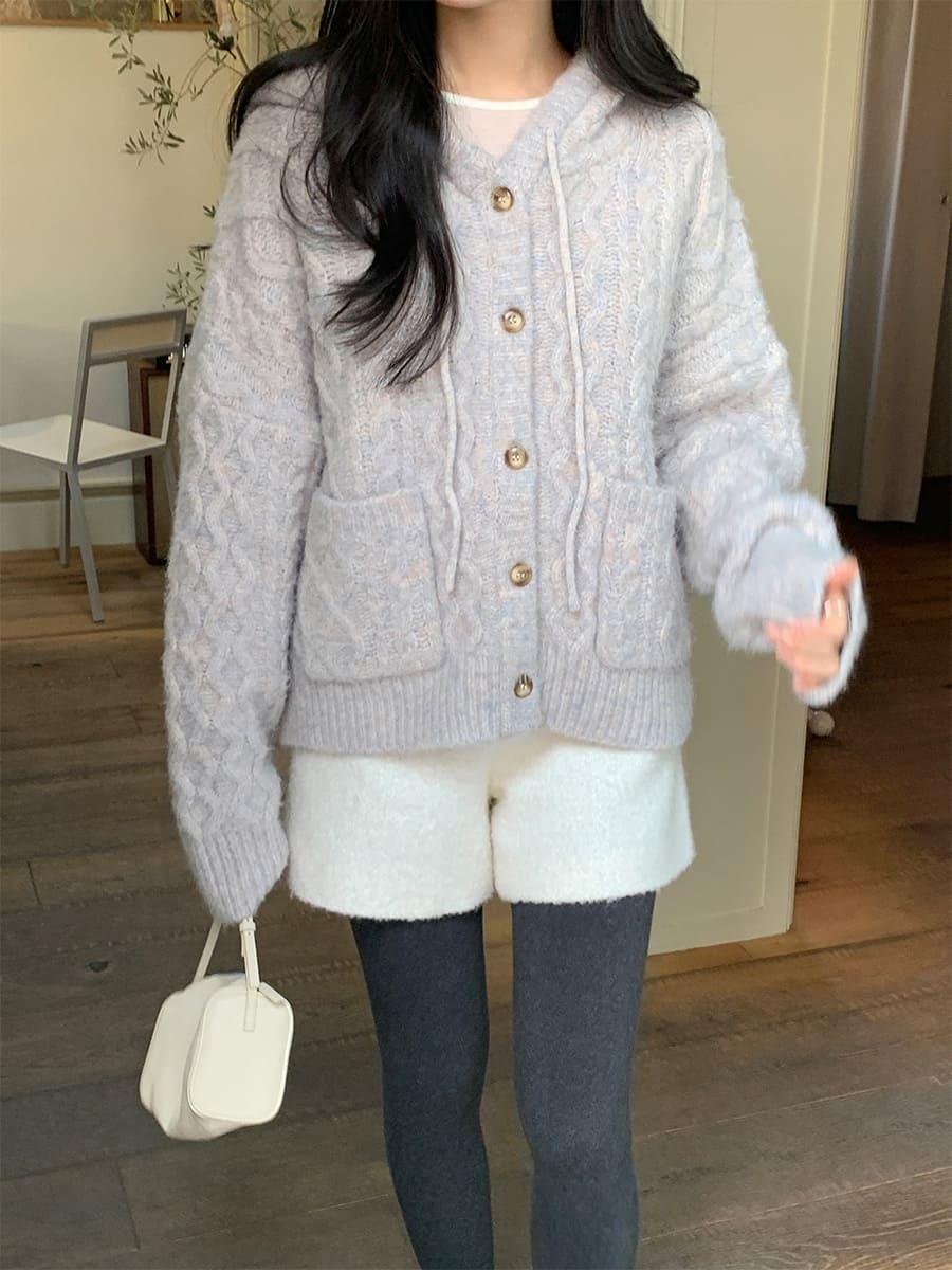 韓國Cherrykoko授權 軟綿療癒系混羊毛連帽麻花針織開衫