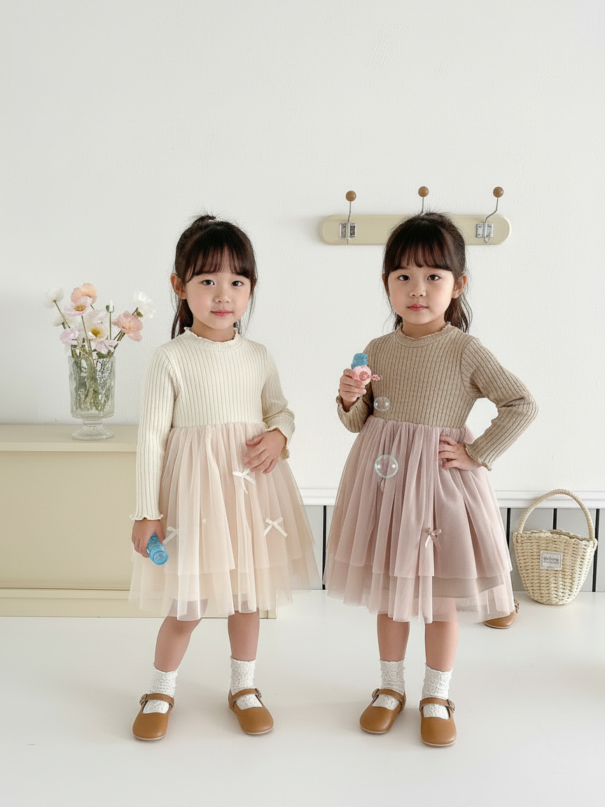 螺紋拼接蝴蝶結紗裙洋裝(90-130)